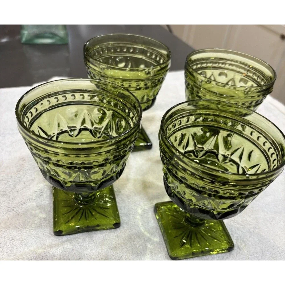 Sets Of Four (4) Vintage Indiana Green Glass Mid Century Goblets Sherbet Glasses